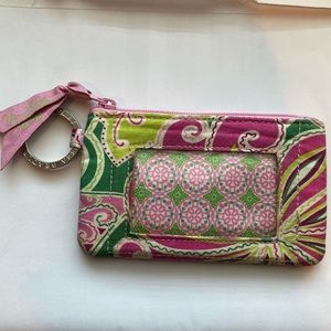 VERA BRADLEY Coin Purse Key Chain, with ID Holder, Pink & Green. Used, pre-owned